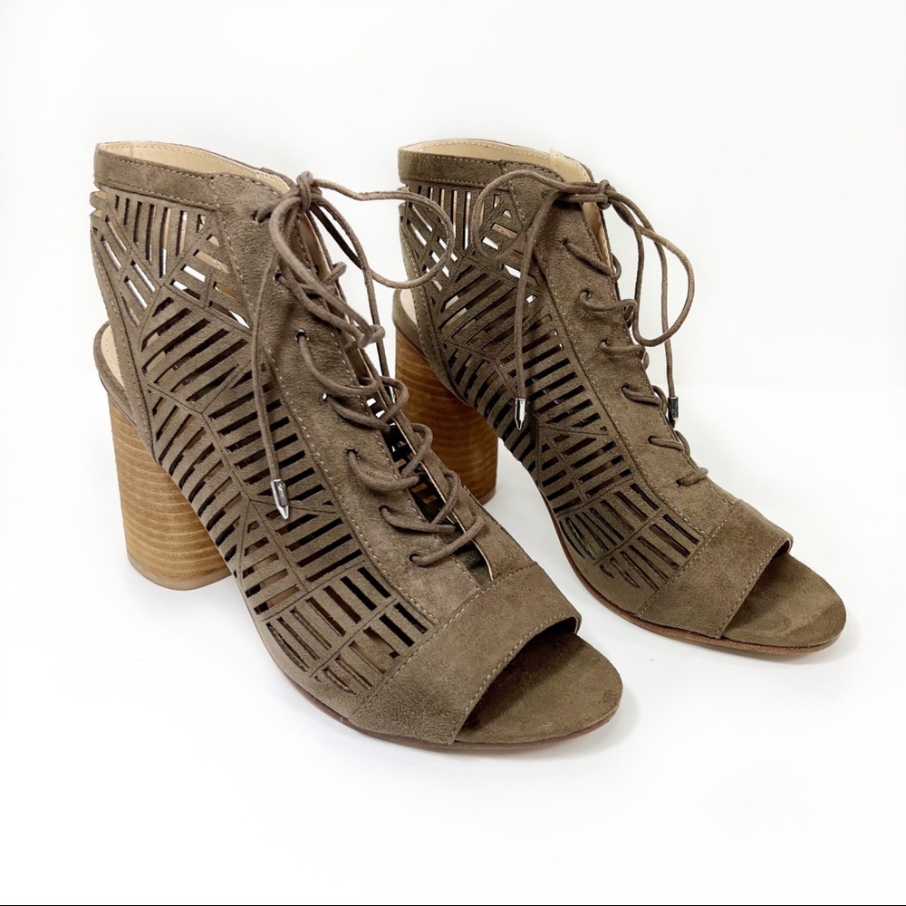 Sam Edelman Rocco Lace Up Heel Sandals Taupe Laser Cut Faux Suede Booties